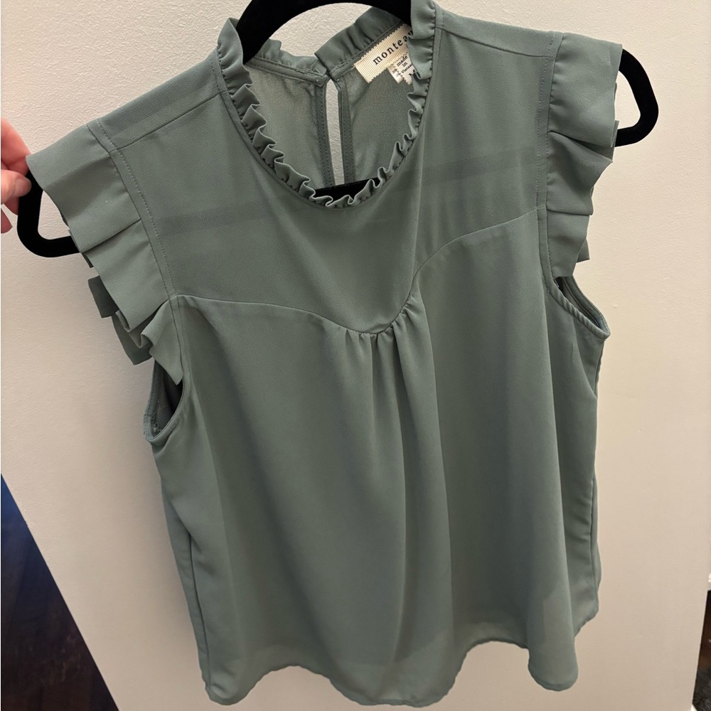 Monteau Ruffled Sleeveless Blouse in Soft Green